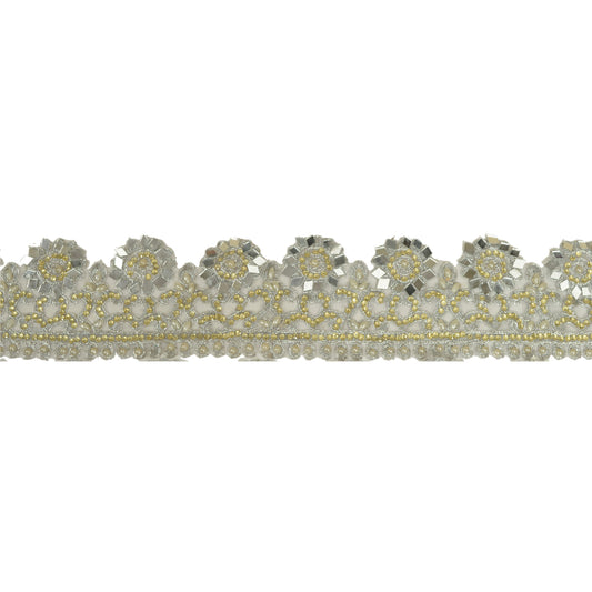 Sanskriti Hand Beaded Bridal Dress Border 1YD Trim Ribbon Craft Lace Silver