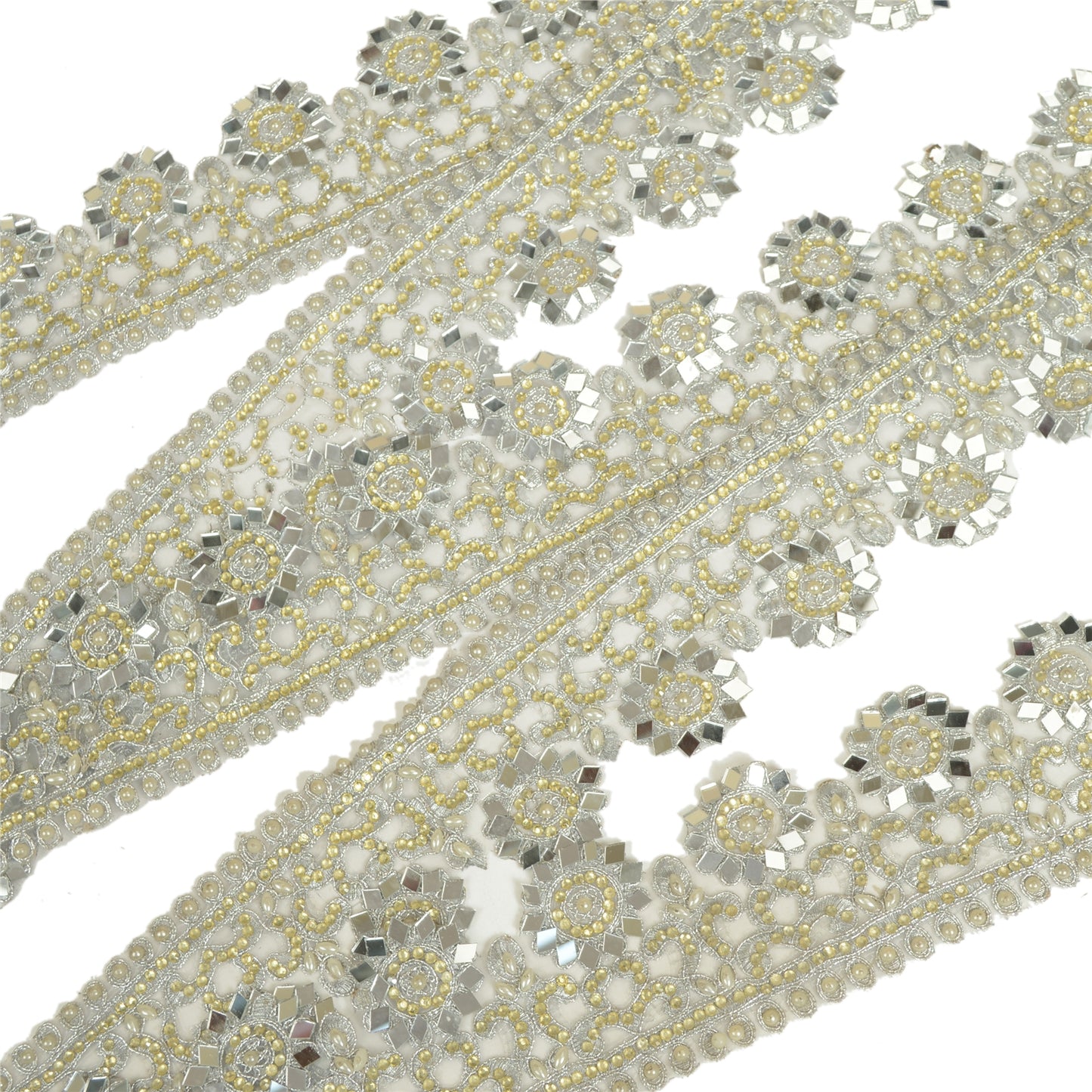 Sanskriti Hand Beaded Bridal Dress Border 1YD Trim Ribbon Craft Lace Silver