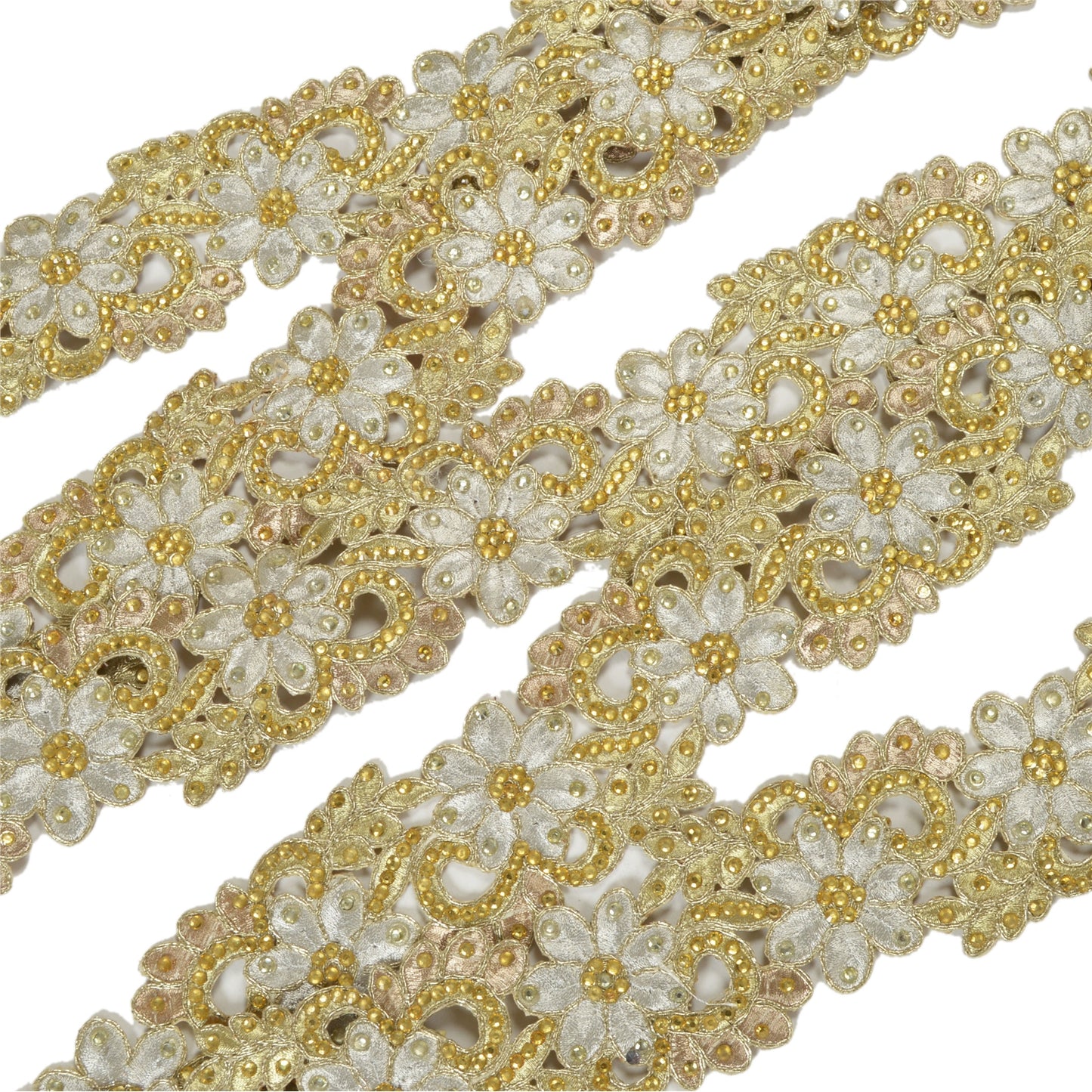 Sanskriti Hand Beaded Dress Bridal Border 1 YD Trim Ribbon Silver Craft Lace