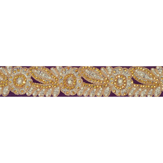 Sanskriti Hand Beaded Dress Bridal Border 1 YD Trim Purple Craft Zircon Lace