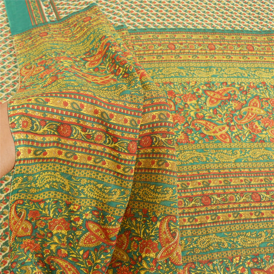 Sanskriti Vintage Green Indian Sarees Moss Crepe Blouse Piecd Print Sari Fabric