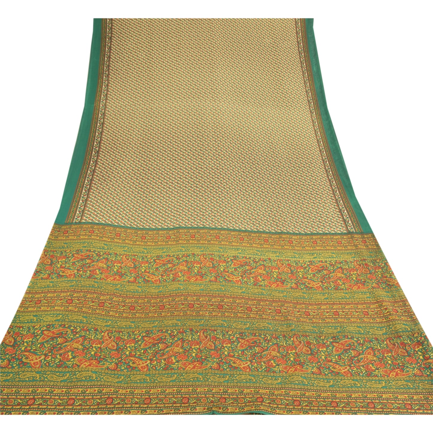 Sanskriti Vintage Green Indian Sarees Moss Crepe Blouse Piecd Print Sari Fabric