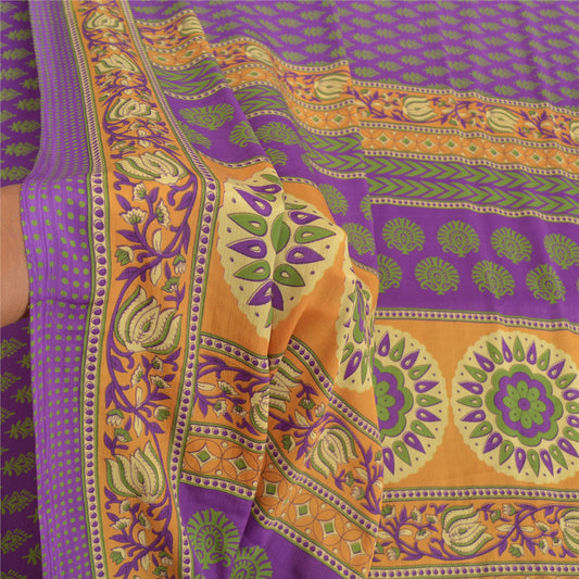Sanskriti Vintage Purple Sarees Moss Crepe Printed Sari 5YD Decor Craft Fabric