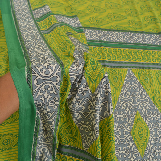 Sanskriti Vintage Sarees Indian Green Printed Moss Crepe Sari Soft Craft Fabric