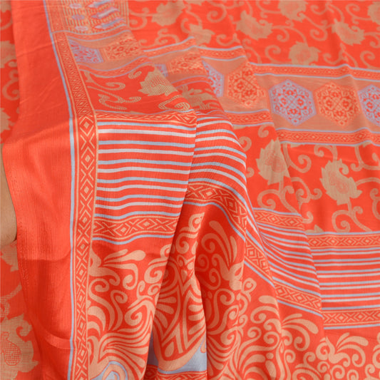 Sanskriti Vintage Sarees Red Floral Printed Moss Crepe Sari Décor Craft Fabric