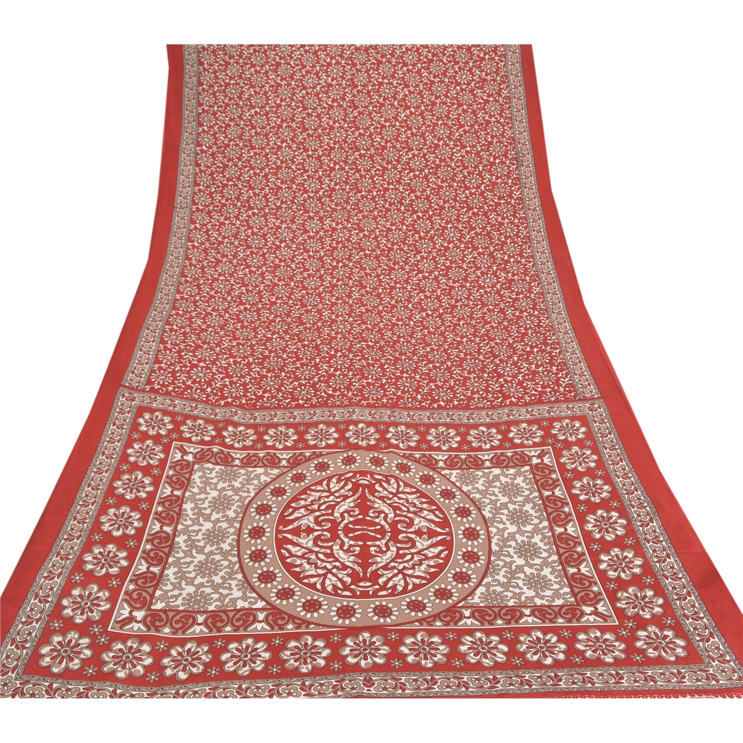 Sanskriti Vintage Sarees Indian Red Printed Moss Crepe Sari Floral Craft Fabric