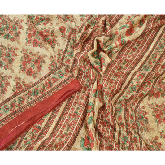 Sanskriti Vintage Cream Sarees Moss Crepe Floral Printed Sari 5 YD Craft Fabric
