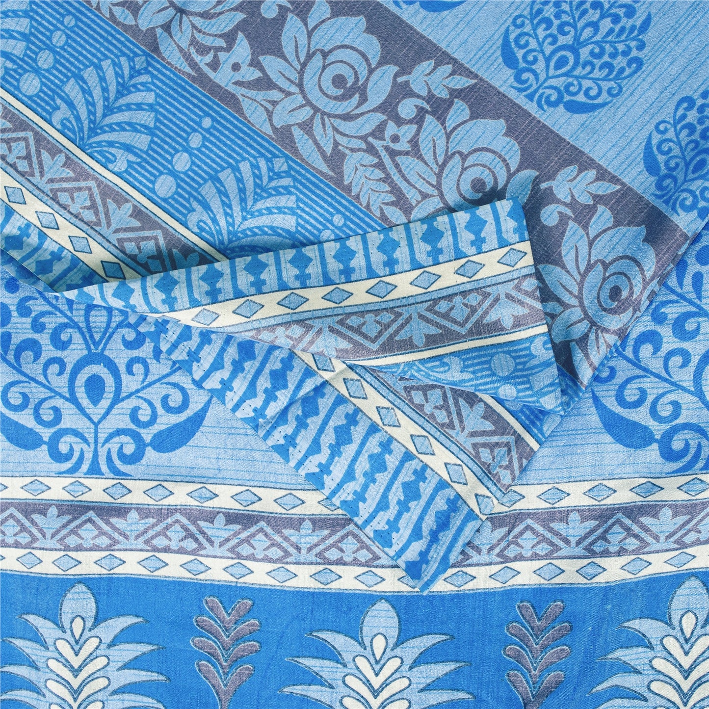 Sanskriti Vintage Blue Sarees Moss Crepe Floral Printed 5+YD Craft Fabric Sari