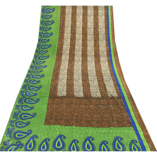 Sanskriti Vintage Indian Green Sarees Moss Crepe Printed Craft 5 Yd Fabric Sari