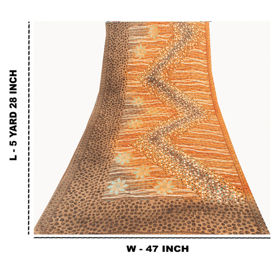 Sanskriti Vintage Brown Sarees Moss Crepe Floral Printed Craft Fabric Sari