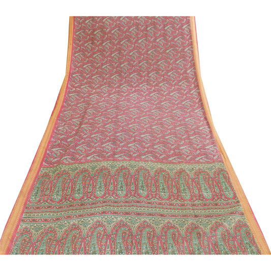 Sanskriti Vintage Indian Pink Sarees Art Silk Paisley Printed Fabric 5+yd Sari