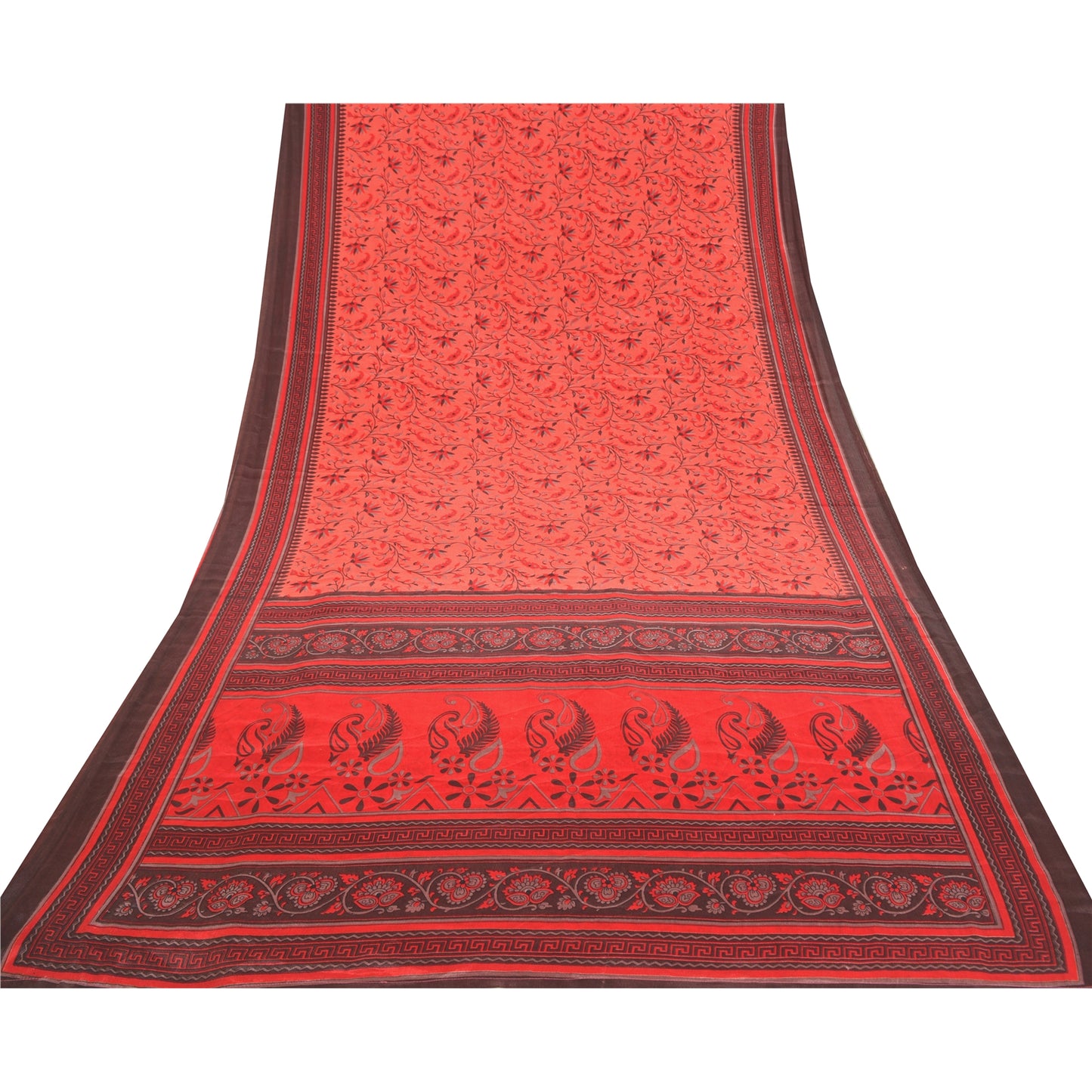 Sanskriti Vintage Red Sarees Moss Crepe Floral Printed Craft Fabric Sari