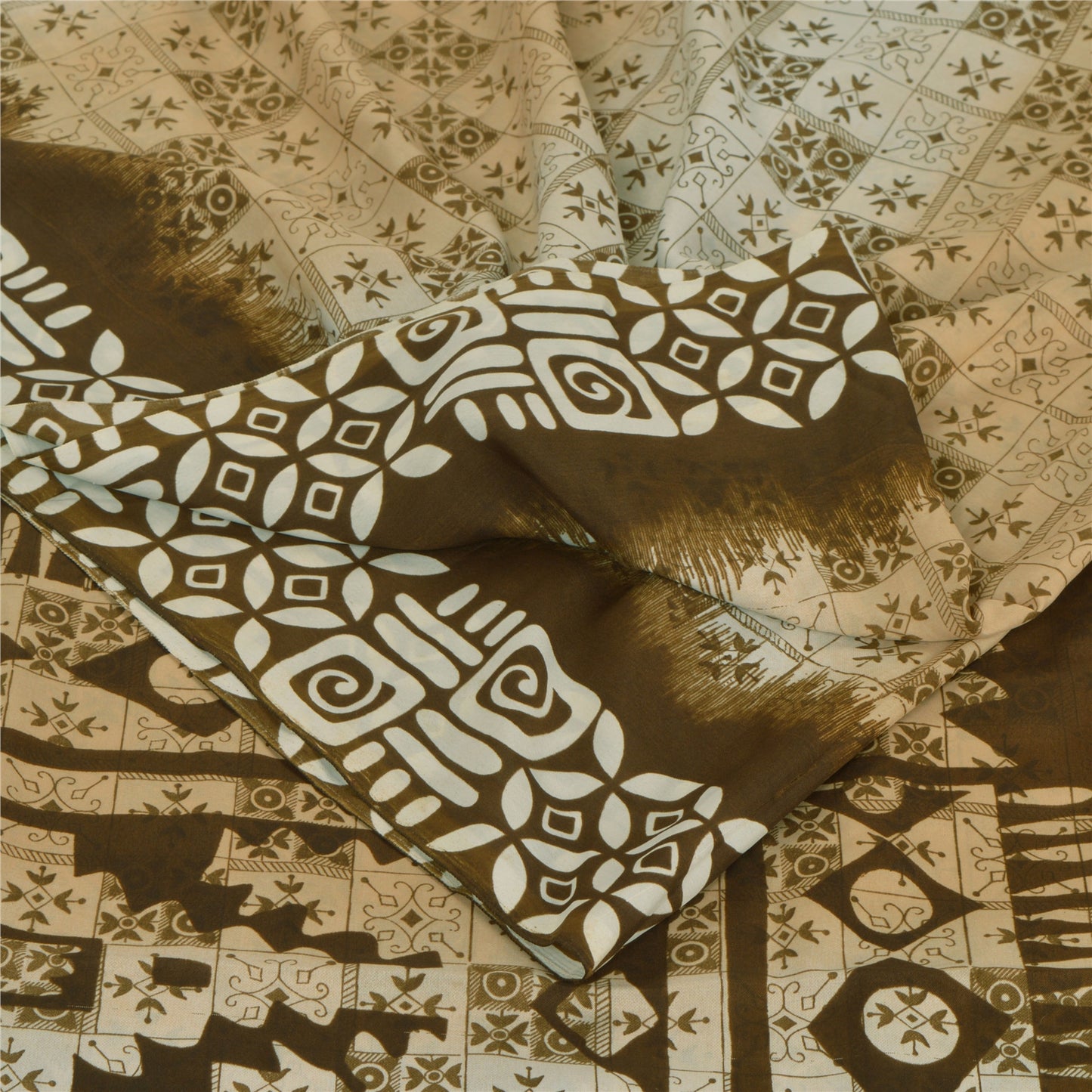 Sanskriti Vintage Brown Sarees Moss Crepe Printed Sari 5 Yard Craft Soft Fabric