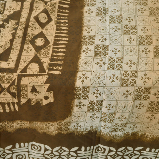 Sanskriti Vintage Brown Sarees Moss Crepe Printed Sari 5 Yard Craft Soft Fabric