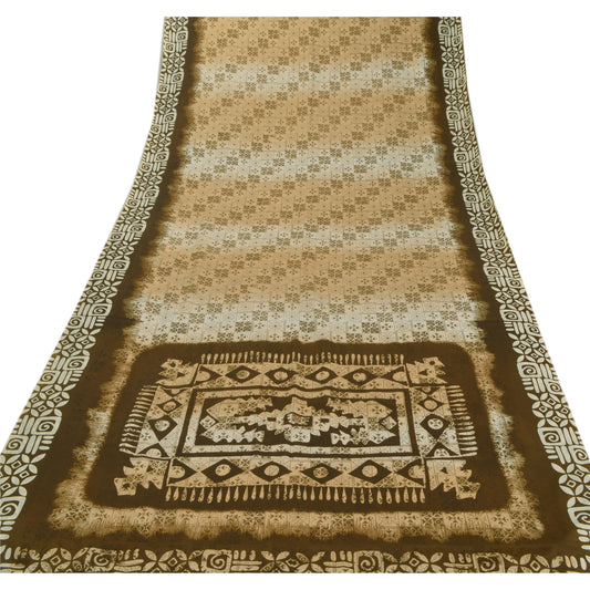 Sanskriti Vintage Brown Sarees Moss Crepe Printed Sari 5 Yard Craft Soft Fabric