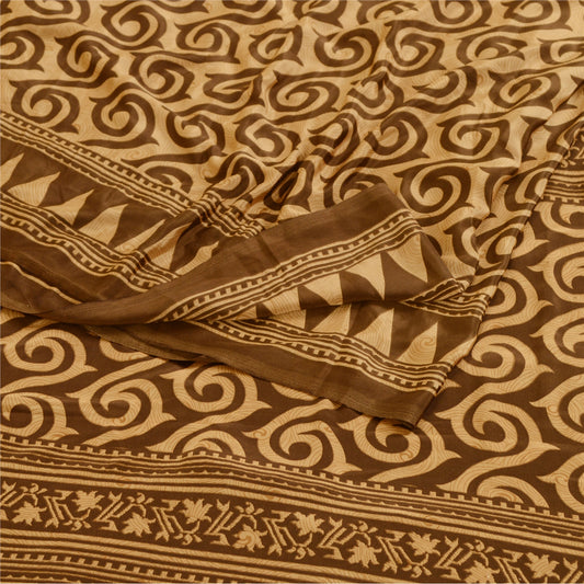 Sanskriti Vintage Brown Sarees Moss Crepe Printed Craft Fabric Sari