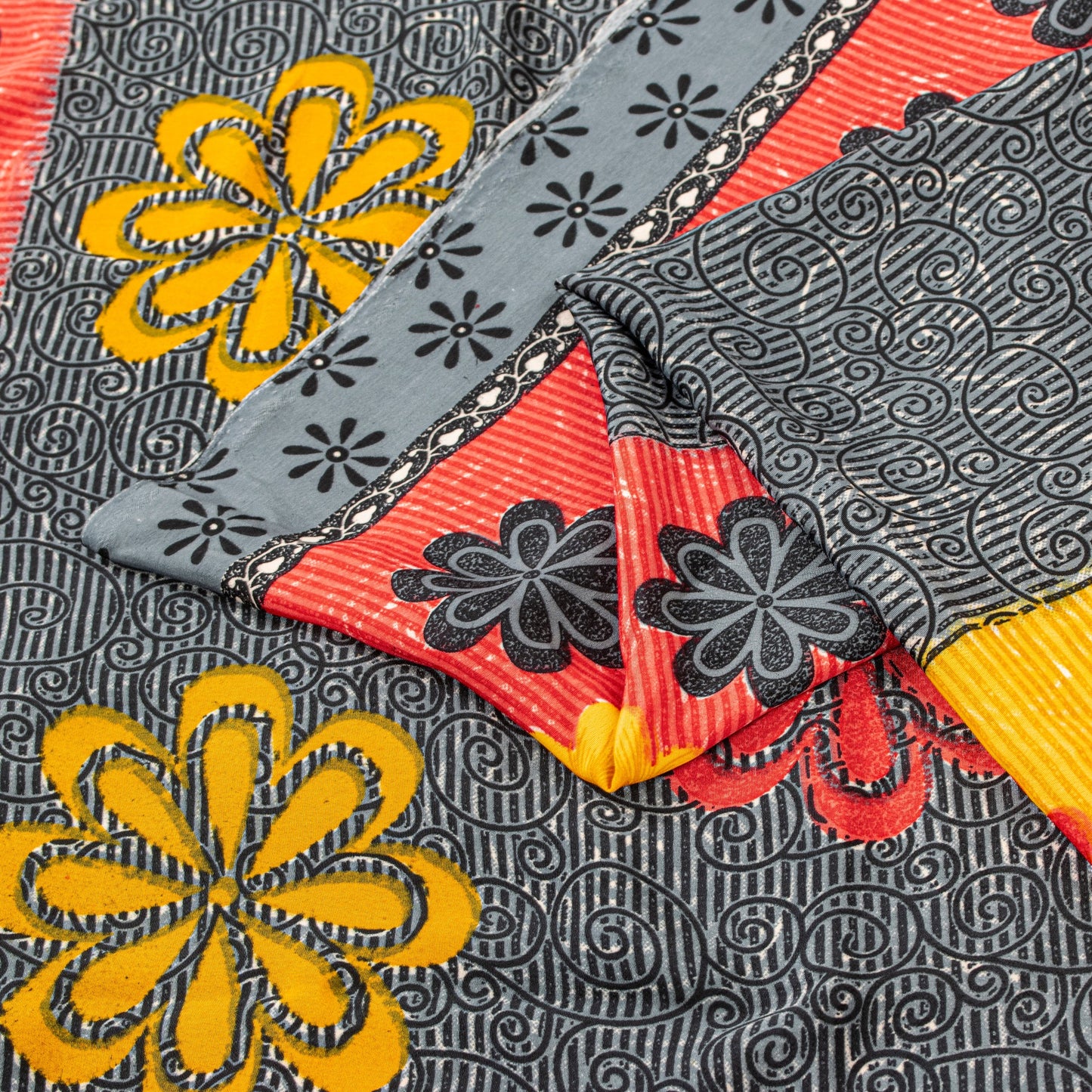 Sanskriti Vintage Gray Sarees Indian Moss Crepe Printed Sari Soft Craft Sustainable Fabric