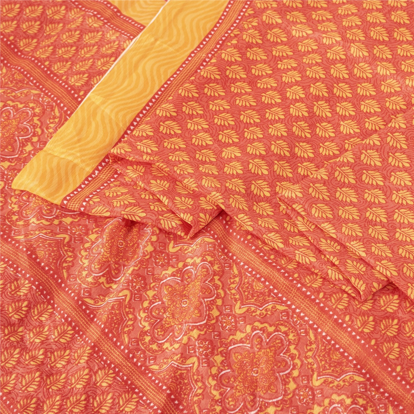Sanskriti Vintage Red & Yellow Printed Sarees Moss Crepe Sari 5+YD Craft Fabric