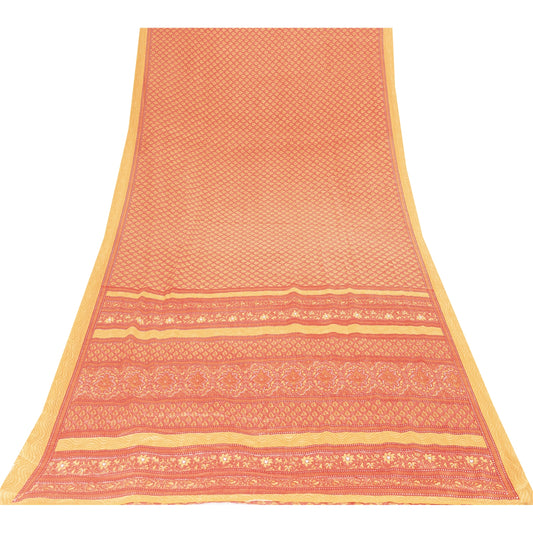 Sanskriti Vintage Red & Yellow Printed Sarees Moss Crepe Sari 5+YD Craft Fabric