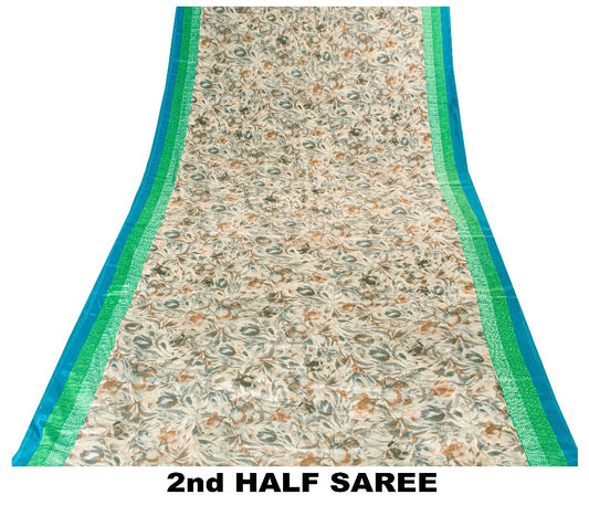 Sanskriti Vintage Gray-Green Moss Crepe Sarees Geometric Printed Sari 5YD Fabric