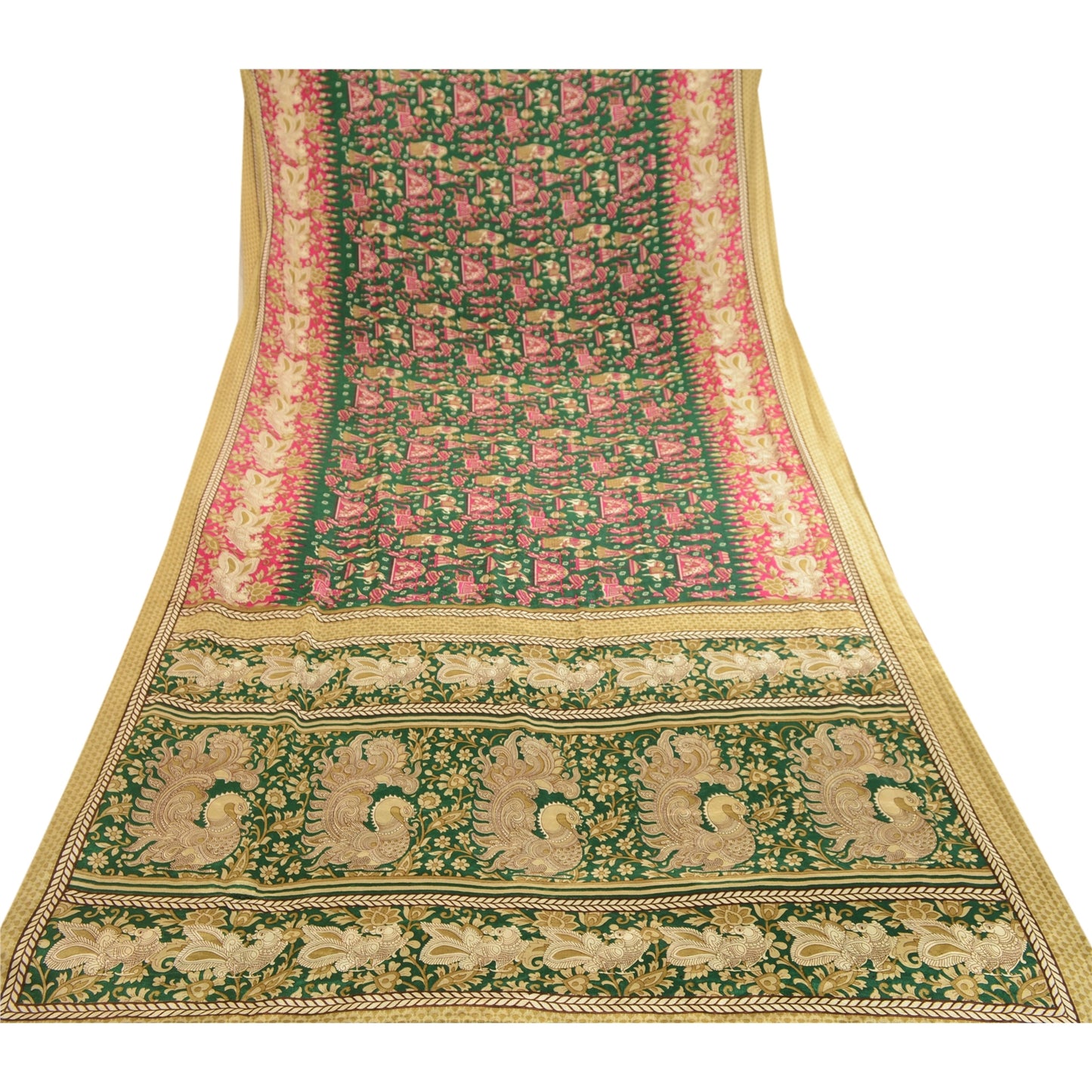 Sanskriti Vintage Green Peacock Human Print Sarees Moss Crepe Sari Craft Fabric