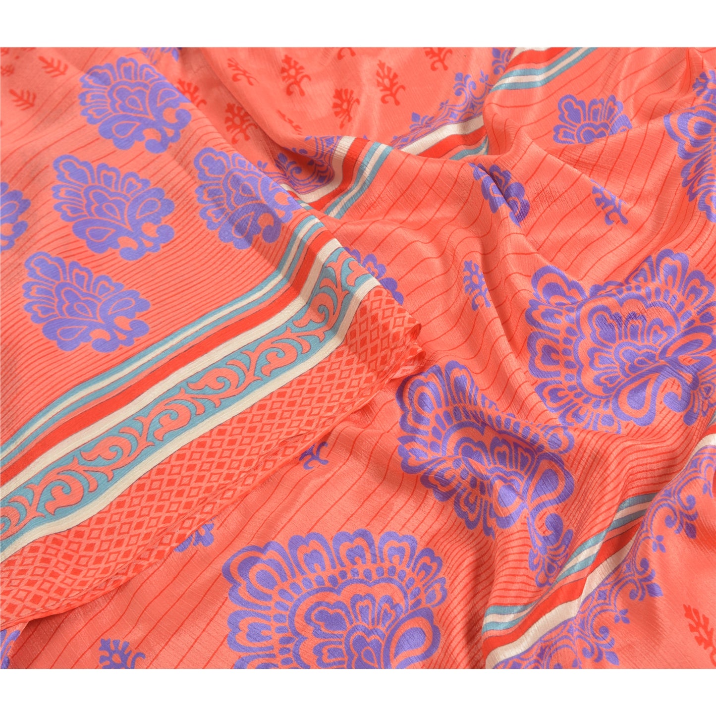 Sanskriti Vintage Sarees Peach Indian Moss Crepe Sari Printed Soft Craft Fabric