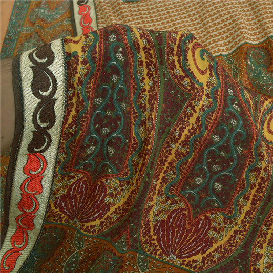 Sanskriti Vintage Sarees Ivory Indian Moss Crepe Sari Printed Soft Craft Fabric