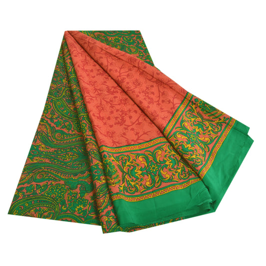 Sanskriti Vintage Sarees Red Indian Moss Crepe Sari Printed Soft Craft Fabric