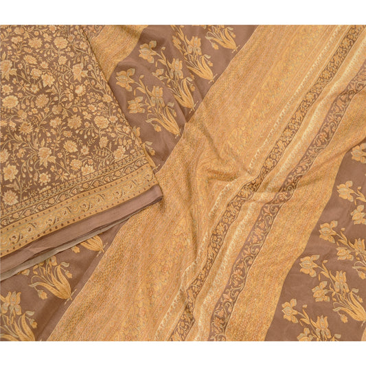 Sanskriti Vintage Sarees Indian Brown Moss Crepe Sari Printed Soft Craft Fabric