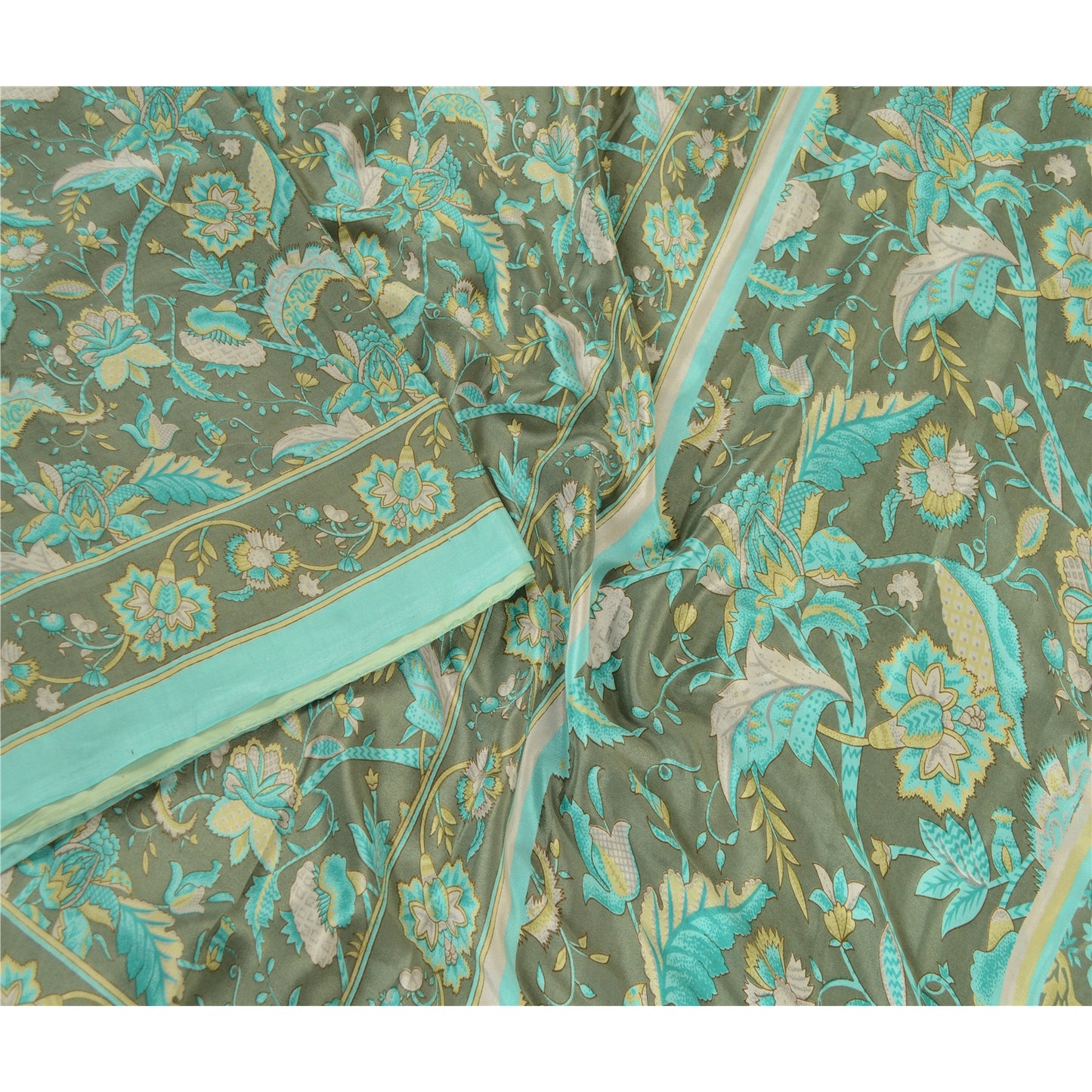 Sanskriti Vintage Sarees From India Green Moss Crepe Sari Printed Craft Sustainable Fabric