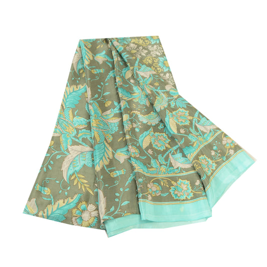 Sanskriti Vintage Sarees From India Green Moss Crepe Sari Printed Craft Sustainable Fabric