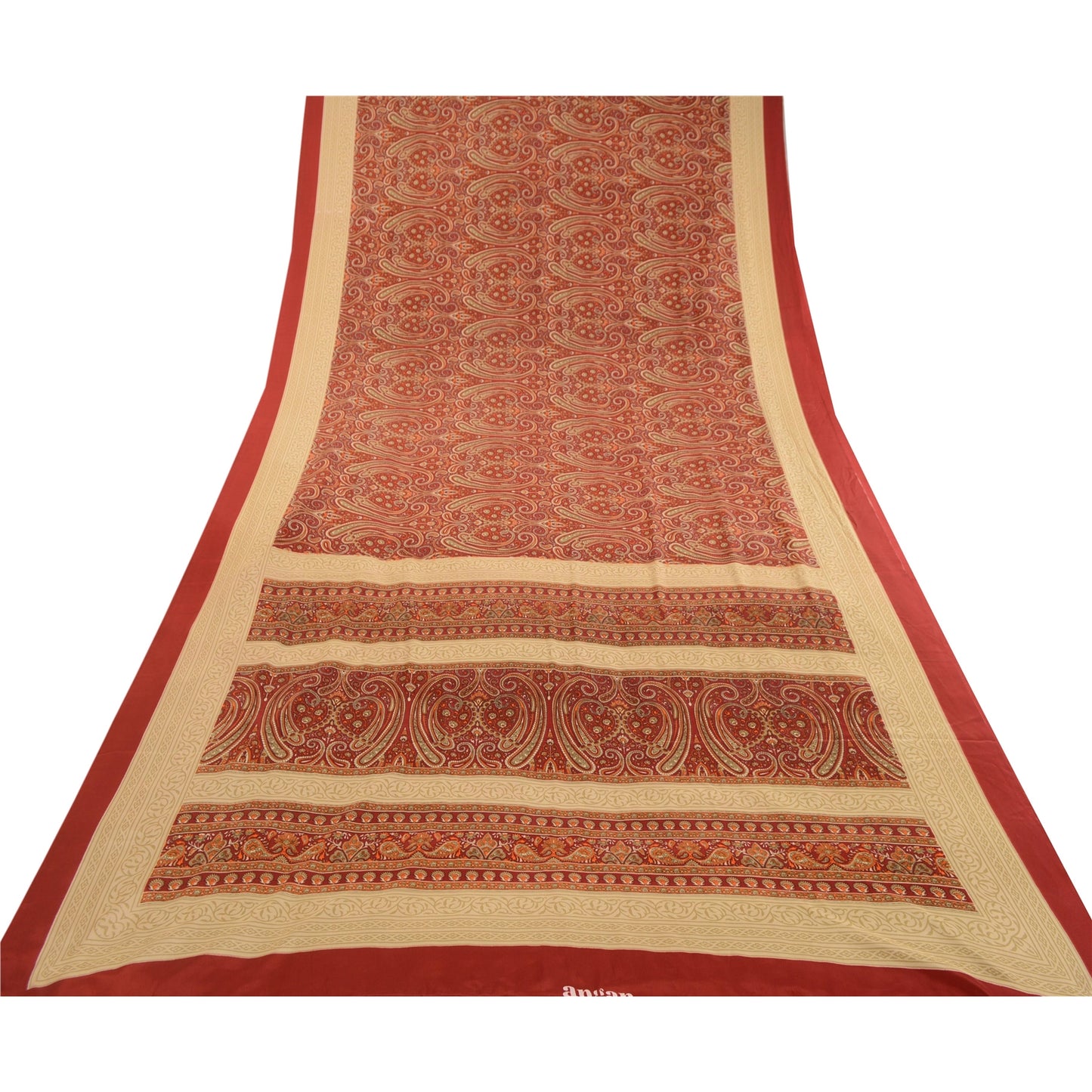 Sanskriti Vintage Sarees Dark Red Printed Moss Crepe Sari Soft 5yd Craft Fabric