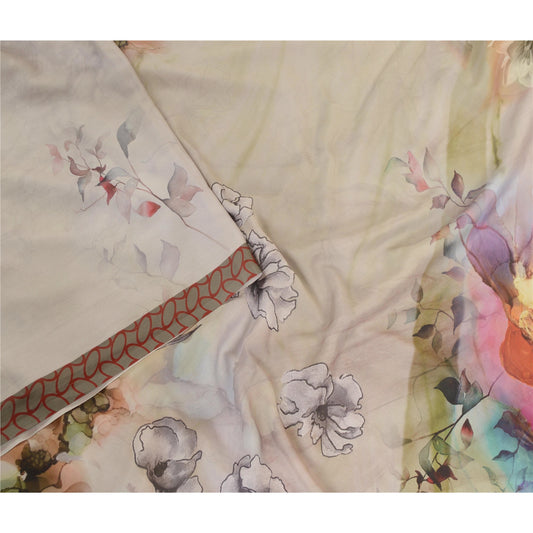 Sanskriti Vintage Sarees Gray Digital Printed Moss Crepe Sari Soft Craft Fabric