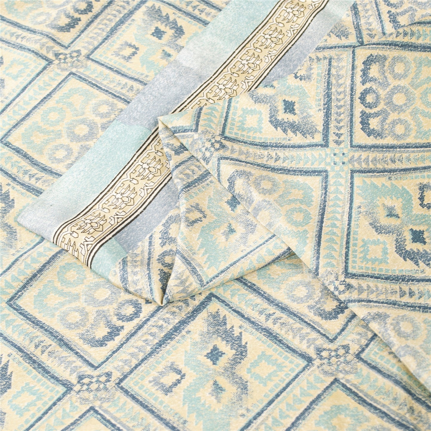 Sanskriti Vintage Sarees Ivory & Blue Moss Crepe Printed Sari 5+yd Craft Fabric