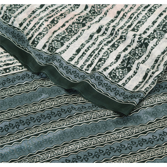 Sanskriti Vintage White & Gray Sarees Art Silk Print Premium Sari Craft Fabric