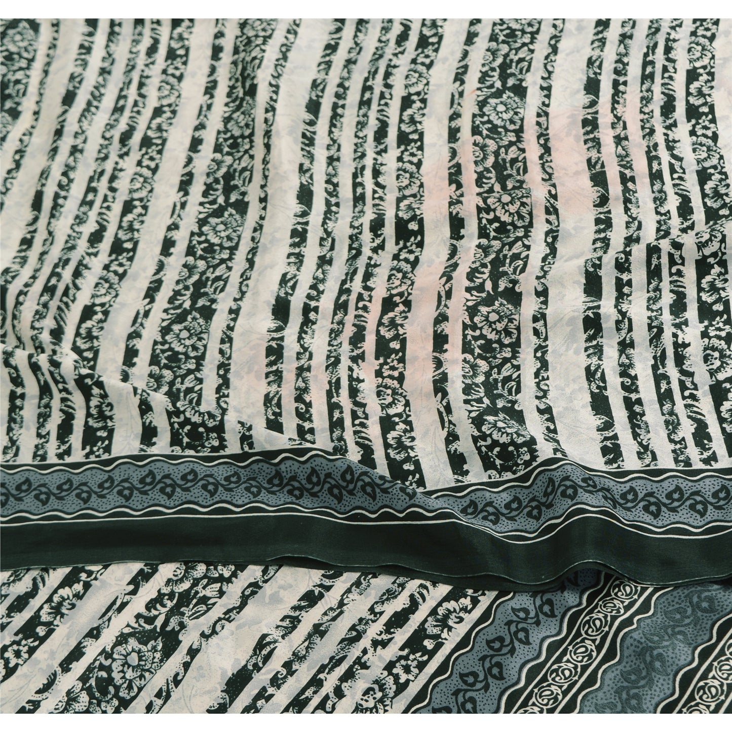 Sanskriti Vintage White & Gray Sarees Art Silk Print Premium Sari Craft Fabric