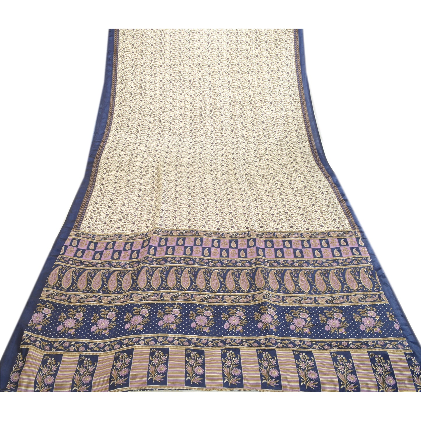 Sanskriti Vintage Sarees From India White Moss Crepe Printed Sari Craft Fabric