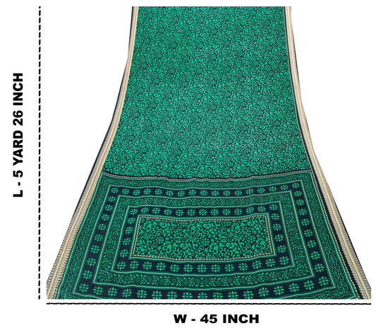 Sanskriti Vintage Sarees Green/Blue Moss Crepe Printed Sari Floral Craft Sustainable Fabric