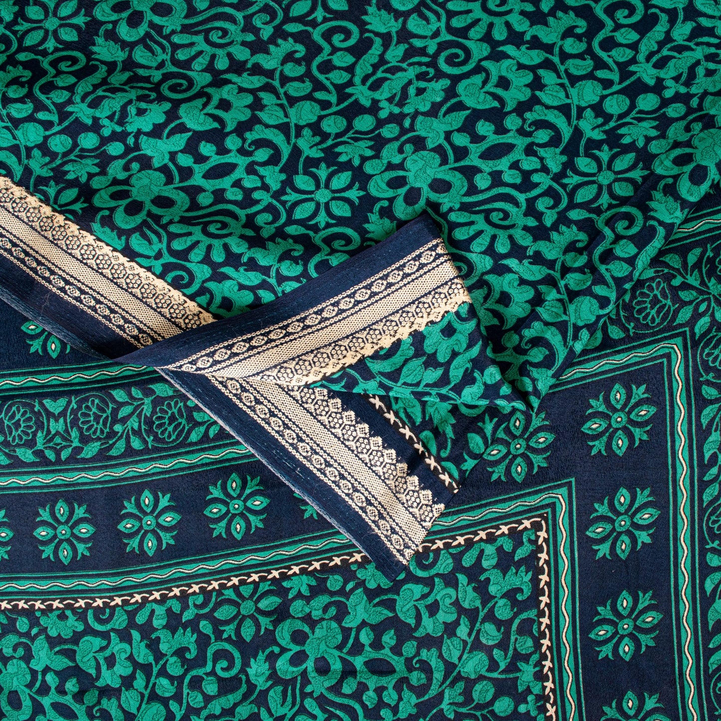 Санскритские винтажные сари из зеленого/синего мохового крепа с принтом сари с цветочным рисунком, устойчивая ткань