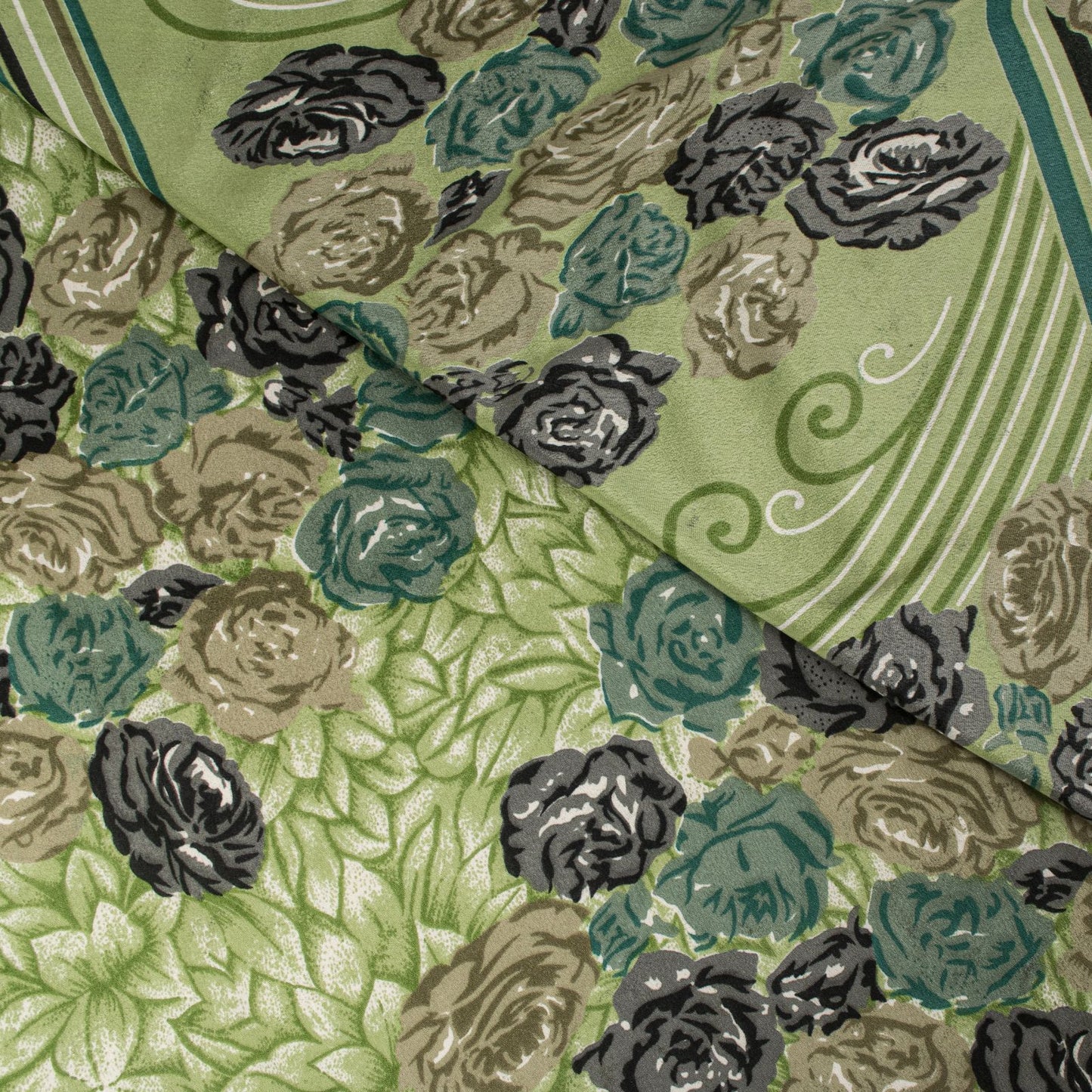 Sanskriti Vintage Saree Green Moss Crepe Floral Digital Print Sari 5.5YD Fabric