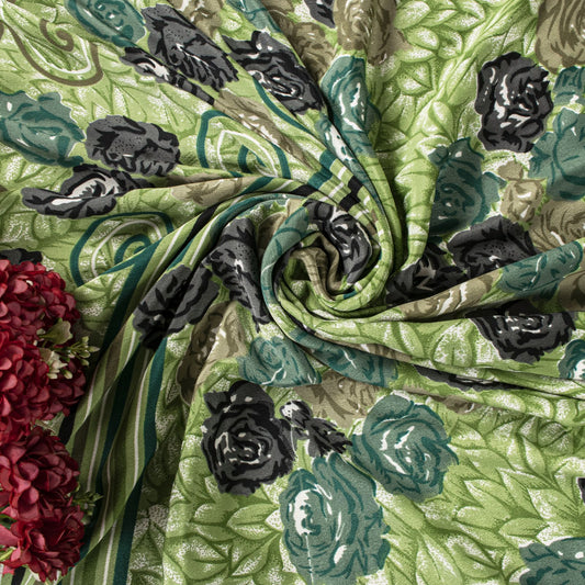 Sanskriti Vintage Saree Green Moss Crepe Floral Digital Print Sari 5.5YD Fabric
