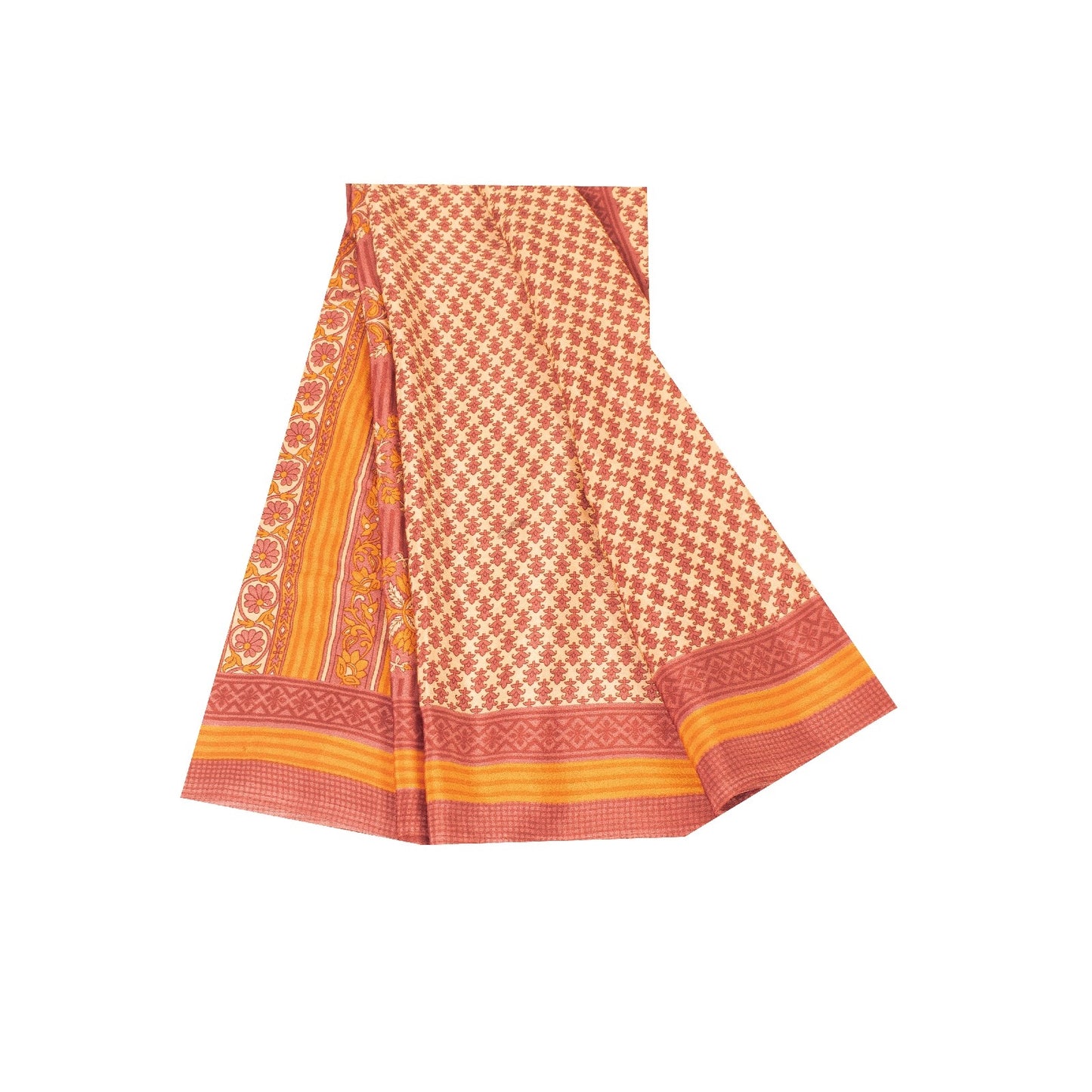 Sanskriti Vintage Sarees Cream & Pink Moss Crepe Printed Sari 5+YD Craft Fabric