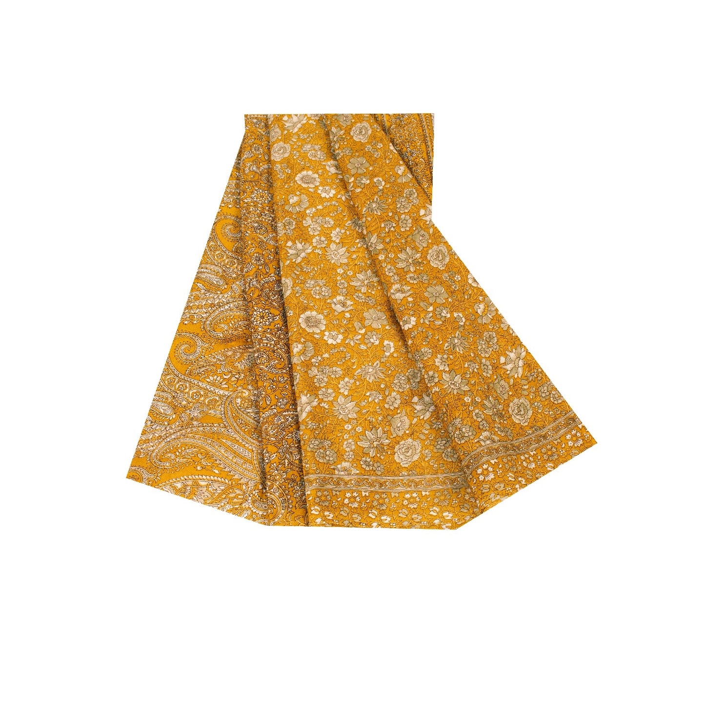 Sanskriti Vintage Indian Sarees Yellow Moss Crepe Printed Sari 5+YD Craft Fabric