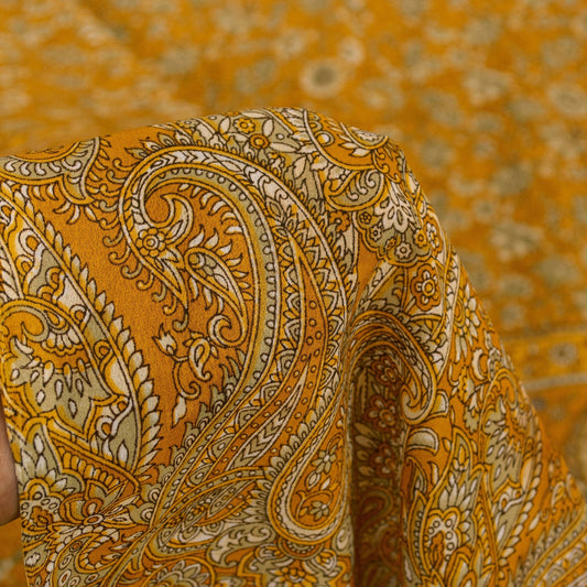 Sanskriti Vintage Indian Sarees Yellow Moss Crepe Printed Sari 5+YD Craft Fabric