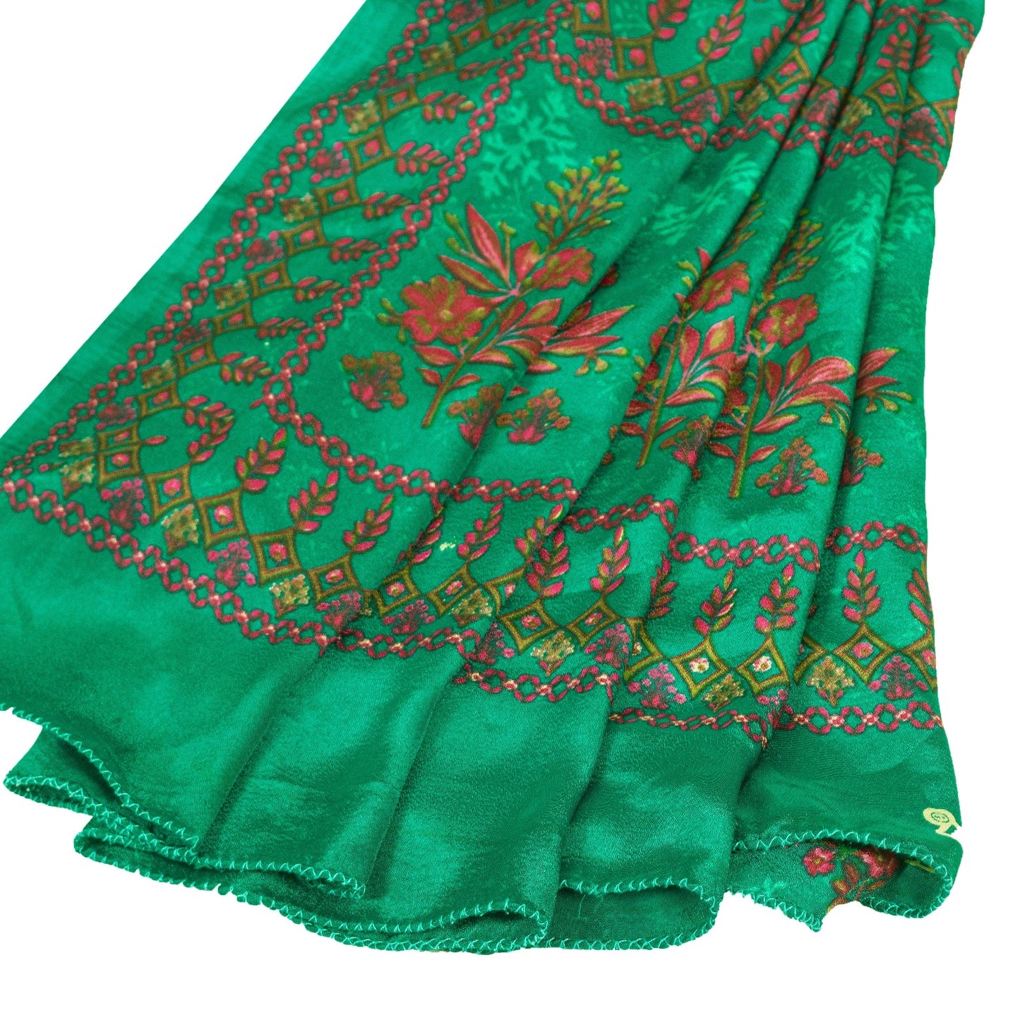 Sanskriti Vintage Sarees Green Moss Crepe Floral Printed Sari 6yd For Crafters