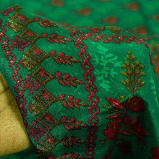 Sanskriti Vintage Sarees Green Moss Crepe Floral Printed Sari 6yd For Crafters