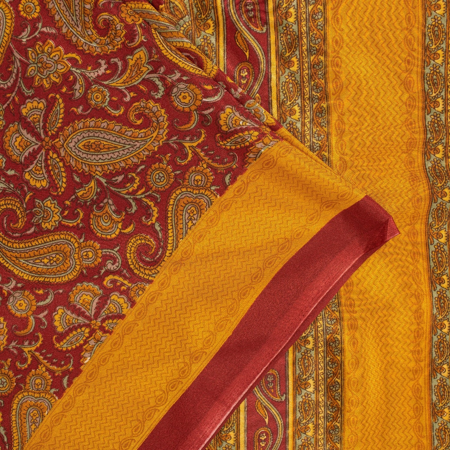 Sanskriti Vintage Sarees Yellow & Red Moss Crepe Paisley Print Quilts 6+yd Sari