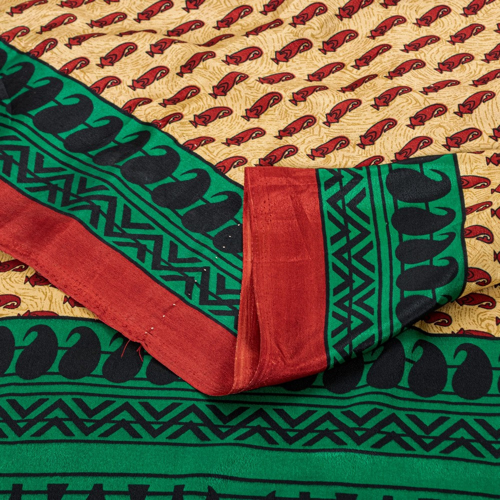Sanskriti Vintage Saree Cream & Green 5.5+Yd Moss Crepe Saree Craft Supplies Paisley Printed Sari Uses-Crafts Sewing Patchwork Home Decor