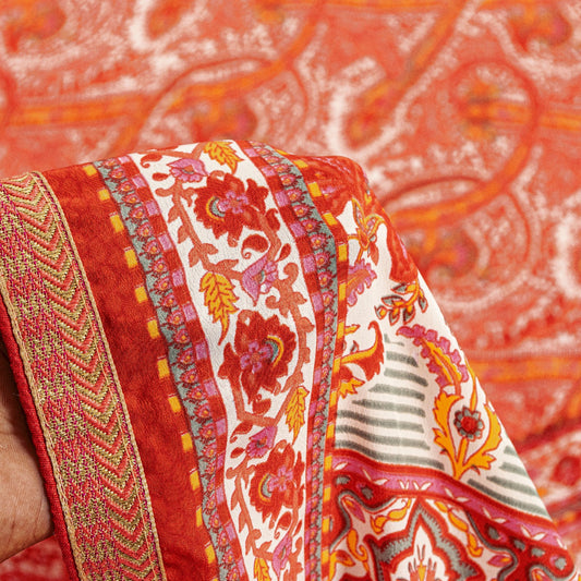 Sanskriti Vintage Saree Red Moss Crepe 5.5+ Yard Saree Craft Supplies Floral Printed Home Decor Upcycled, Recycled,Remnant, For Sewing