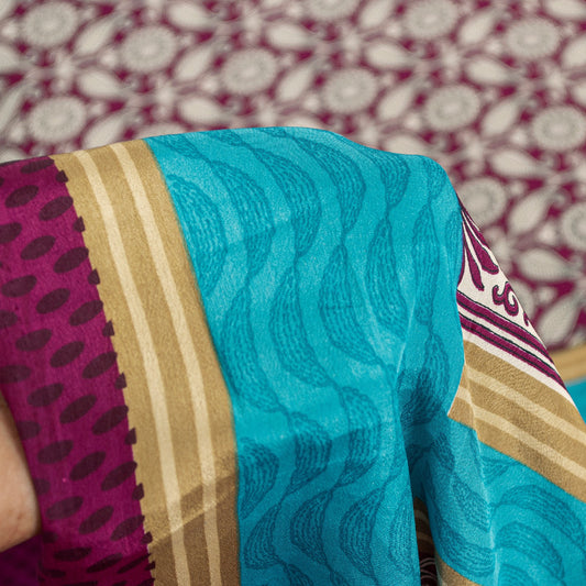 Sanskriti Vintage Sarees Purple Moss Crepe Floral Print 6+YD Soft & Smooth Sari